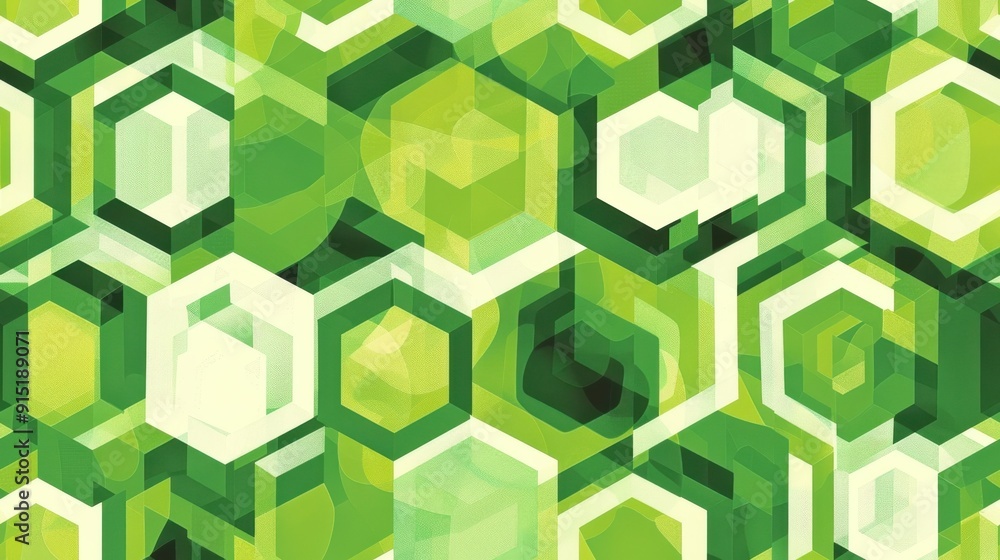 Leinwandbilder A digital illustration featuring a repeating pattern of overlapping green and white hexagons. The hexagons are layered in various shades of green, creating a sense of depth and texture. The background