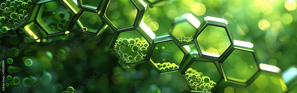 Poster a close-up, abstract image of green hexagonal cells against a soft green background with small, out-
