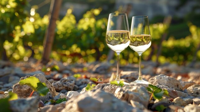 Two Glasses of Wine in a Vineyard