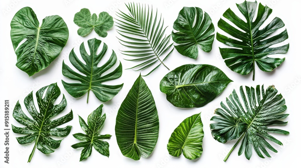 Poster different types of lush green tropical leaves are displayed creatively, highlighting their distinct 