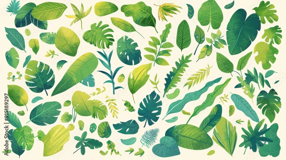 Poster A colorful assortment of different green leaves intricately arranged to highlight their shapes and textures against a soft backdrop