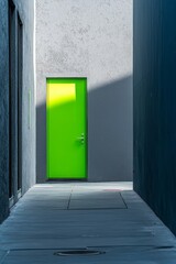 A contemporary grey pedestrian alley with smooth surfaces and grey walls is punctuated by a single, brightly colored green door, providing a focal point in the monochromatic setting.
