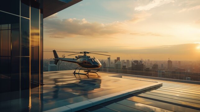 A sleek helicopter on a rooftop helipad at sunset with a city skyline in the background.