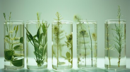 Five glass tubes containing various plant specimens in a laboratory setup, highlighting botanical research and scientific exploration.