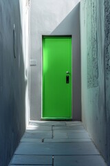Fototapeta premium A contemporary grey pedestrian alley with smooth surfaces and grey walls is punctuated by a single, brightly colored green door, providing a focal point in the monochromatic setting.