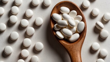 Spoon filled with white tablets among scattered pills