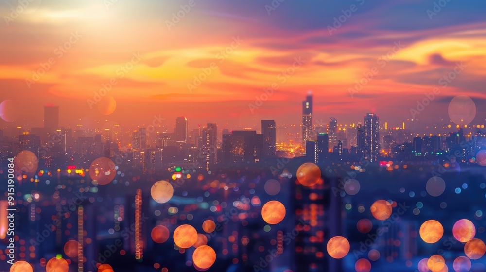 Poster a cityscape with tall buildings silhouetted against a vibrant sunset sky. the foreground is blurred,