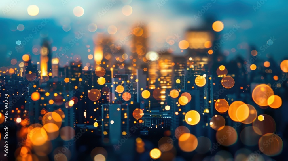Poster A blurred view of a city skyline at dusk, with the lights of the buildings and streetlights creating a warm, glowing effect. The focus is on the bokeh of the lights, creating a beautiful and abstract 