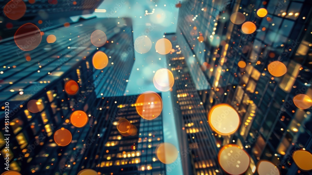 Aufkleber A low-angle view of a city skyline at night. The tall buildings are lit up with yellow lights. The camera is looking up towards the sky, which is filled with blurred out bokeh lights of varying sizes 