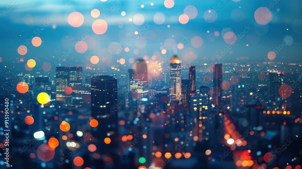 Poster a high-angle view of a bustling city at dusk. the city's lights are blurred into soft circles of col