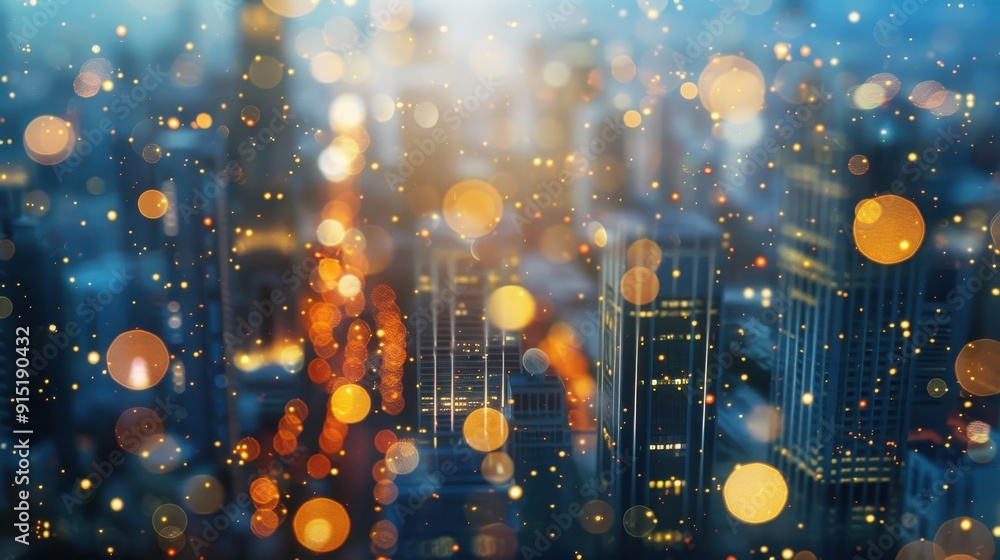 Poster a blurry image of a city skyline at night, with the lights of the buildings creating a bokeh effect.