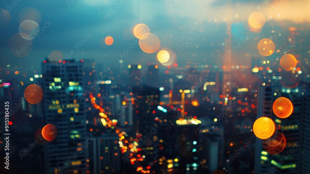 Poster the image captures a panoramic view of a city at dusk, with the buildings and streets glowing with w