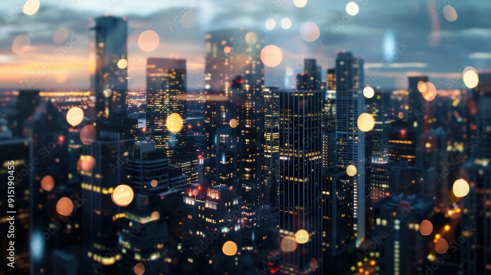 Poster a panoramic view of a cityscape at dusk with the city lights glowing in the distance, a colorful sun