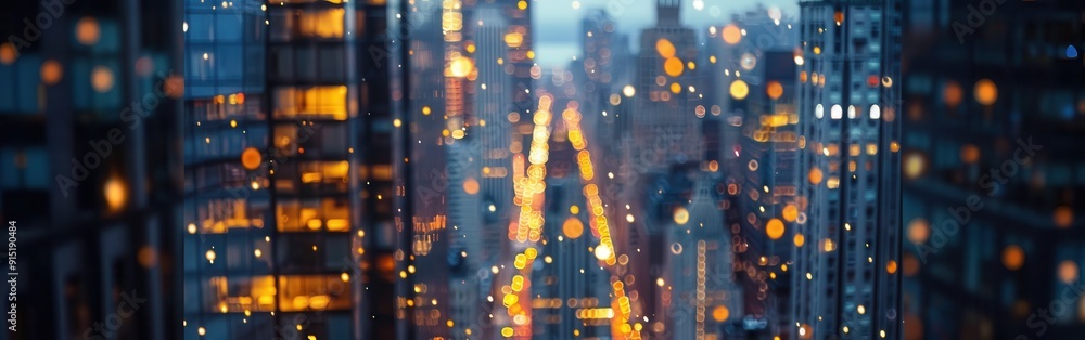 Aufkleber A view from a high-rise window at night, overlooking a city with lights creating a blurry effect. The view is obscured by raindrops on the window.