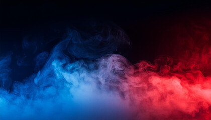 Fototapeta premium Abstract Ethereal Smoke Swirls in Red and Blue Hues Colliding Against a Dark Background, Dynamic Patriotic Themed Background For Political Topics USA Flag Colors Presidential Election Vote