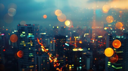 The image captures a panoramic view of a city at dusk, with the buildings and streets glowing with warm and cool light. The cityscape is out of focus, creating a dreamy, atmospheric effect. The image 
