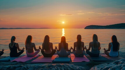 A group of women are sitting on yoga mats on a beach