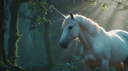 a white horse standing in the woods with sun shining through the trees