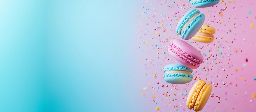 Cute floating colorful macarons yellow blue pink background bakery dessert pastery chef party planner recipe blogger sweets patisserie pastel vibrant banner copy space