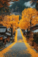 Naklejka premium A japan street filled with ginkgo trees on the roadsides 