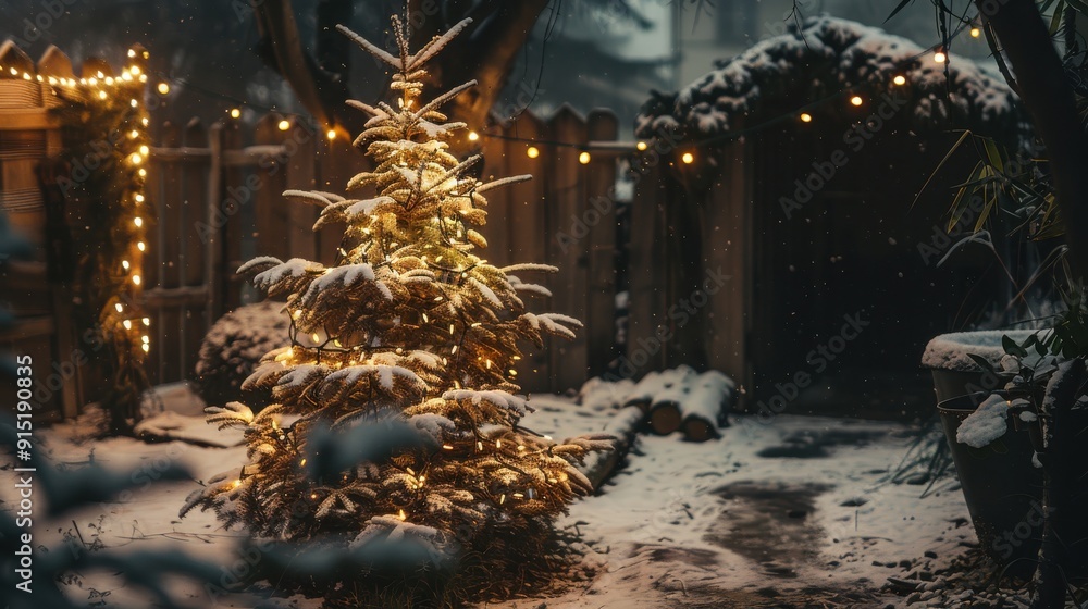 Poster a decorated christmas tree stands in a snowy backyard, lit by warm string lights. a wooden fence bor