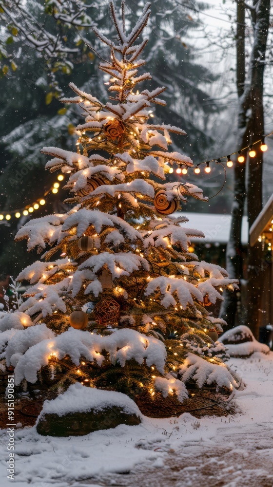 Poster A Christmas tree with white Christmas lights and ornaments is covered in fresh snow. The tree is surrounded by evergreen trees and a small wooden structure. There is also a string of Christmas lights 