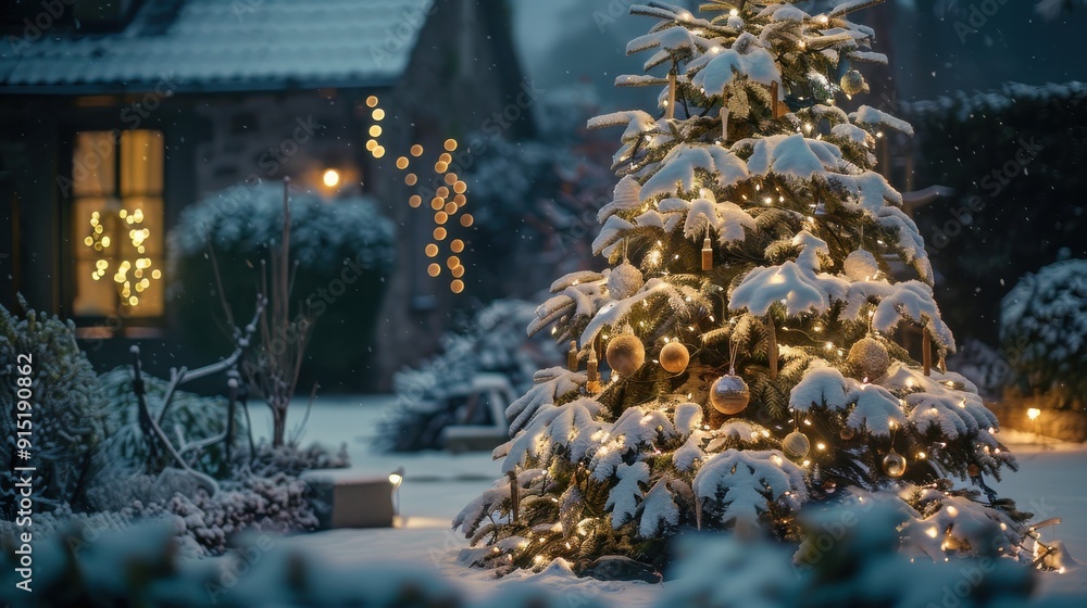 Poster A snowy Christmas tree with string lights and ornaments stands in a yard, illuminated by the lights of a nearby house with a window glowing warmly. The scene is quiet and peaceful, with snow falling g