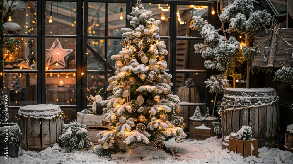 Poster a decorated christmas tree stands in front of a large window, glowing with white lights. the tree is