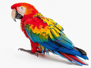 Fototapeta premium Brightly colored macaw perched with vibrant feathers showcasing red, yellow, and blue hues against a white background