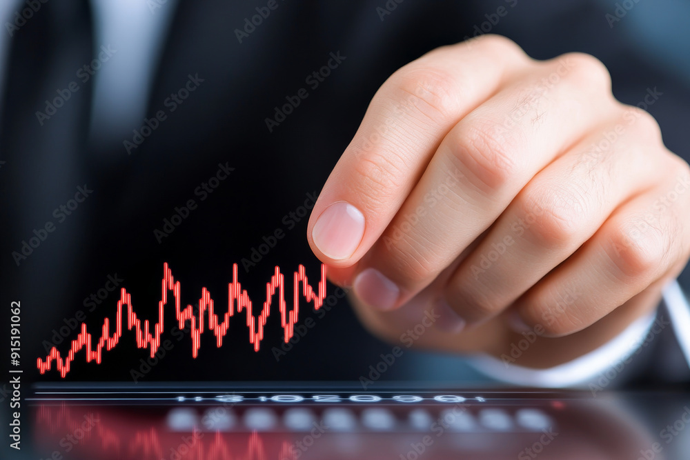 Poster a business professional analyzing a digital graph with a focus on growth trends using a touchscreen 
