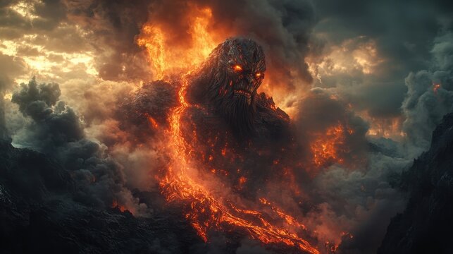 Fiery Norse God: Towering Fire Giant in Volcanic Terrain with Lava Flowing and Dark Clouds Swirling
