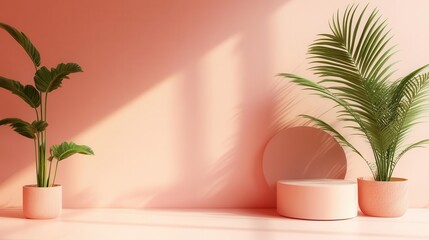 Obraz premium Elegant interior with pink background, potted plants, and mirror. Sunshine casts soft shadows, creating a serene, stylish ambiance.