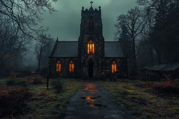 Eerie Dusk: Wide-Angle View of an Abandoned Church