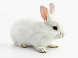 A small white rabbit sits on a white surface, with its ears perked up and eyes wide, conveying curiosity and innocence