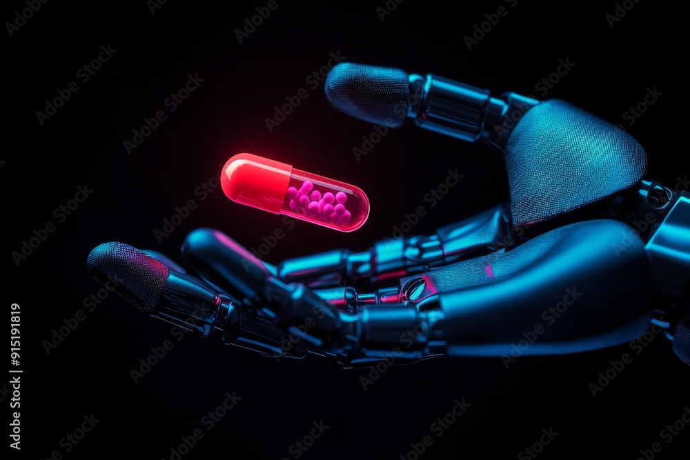 Poster robotic hand holding a glowing red capsule in a dark high tech environment representing the converge