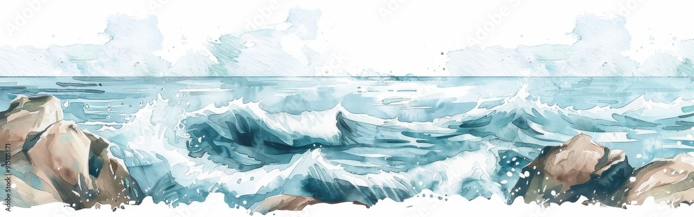 Aufkleber a watercolor painting depicts an ocean scene with waves crashing on rocks. the painting is done in s