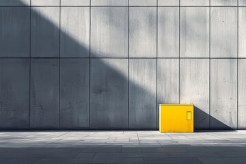 A minimalist grey city plaza with smooth concrete surfaces and clean lines is accented by a single, bright yellow object creating a striking visual contrast against the monochrome surroundings. 
