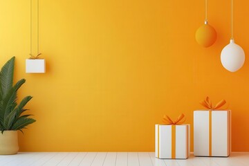 Modern minimalist interior with vibrant orange wall, plants, and gift boxes for a festive celebration or birthday decor.