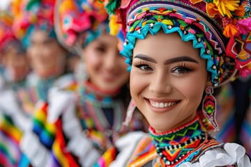 Fototapeta premium A woman in traditional, brightly colored attire smiles warmly during a cultural celebration, standing out joyfully against a background of other participants in similar dress.
