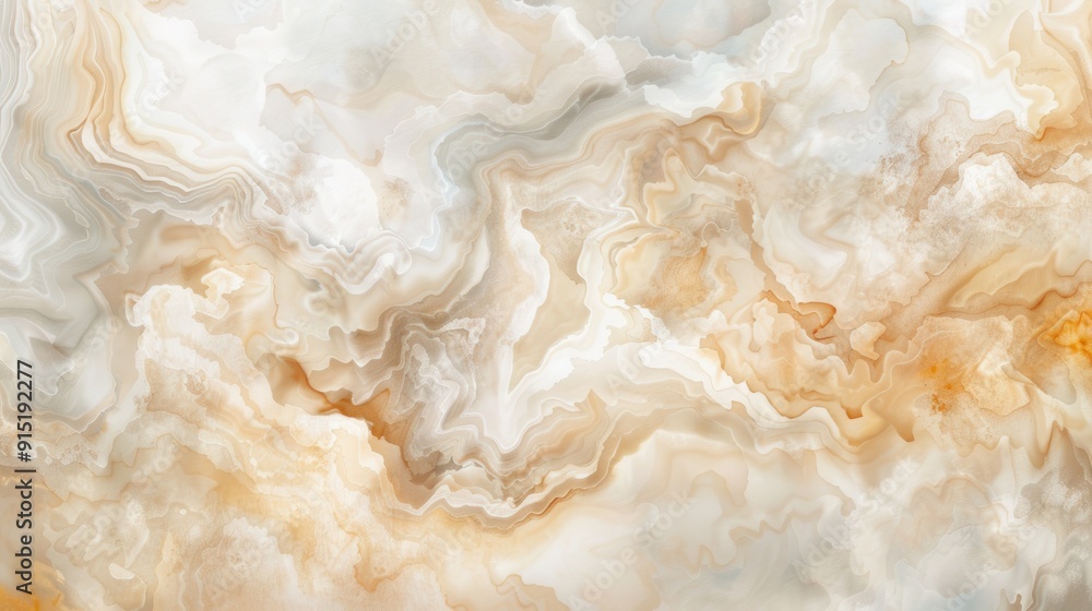 Poster a close-up view of a smooth, polished marble stone with swirling veins of white, tan, and beige. the