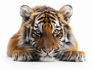 Obraz premium A close-up view of a resting tiger, showcasing its striking fur patterns and intense gaze against a white background