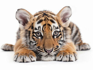 Fototapeta premium Young tiger cub lying down with a curious expression, showcasing its distinctive stripes and fluffy fur