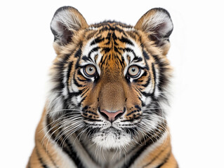 Fototapeta premium A close-up of a tiger's face showcasing its striking features and intense gaze against a contrasting white background
