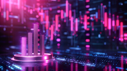 A vibrant digital landscape featuring glowing graphs and data bars, perfect for technology and finance themes.