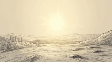 Biblical Illustration of Judges: The Conquest of Canaan, The Sun Standing Still over Gibeon as Joshua Prays for Extended Daylight in Battle, Bible Wall Art on Beige Background