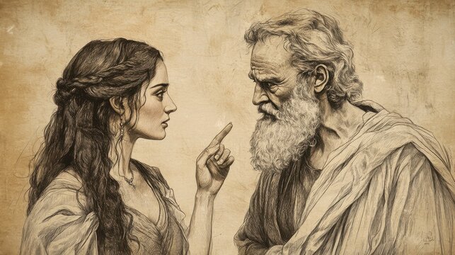 Biblical Illustration of Judges: Samson&rsquo;s Marriage and Riddle, Samson&rsquo;s Wife Pleading with Him for Answer, Using Emotional Appeals, Bible Wall Art on Beige Background