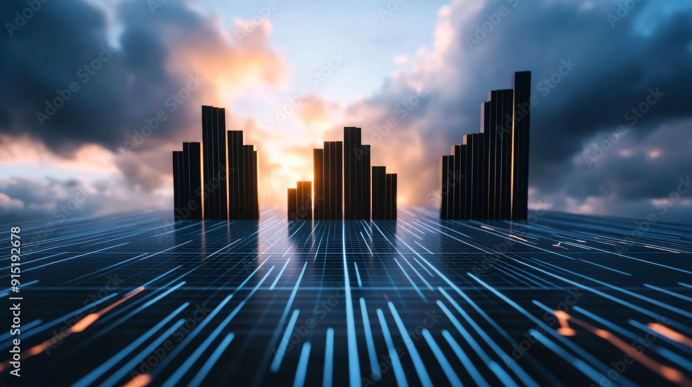 Poster abstract representation of data analysis with digital bars and glowing lines against a dramatic suns