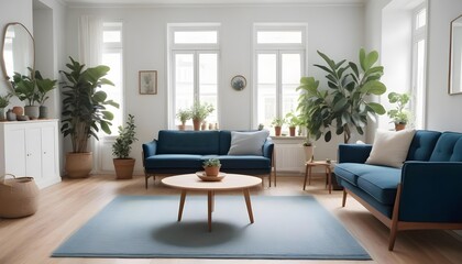 Modern Scandinavian home interior design with an elegant living room showcasing a comfortable gray fabric sofa, a mid-century walnut coffee table, a soft white fluffy carpet, wa