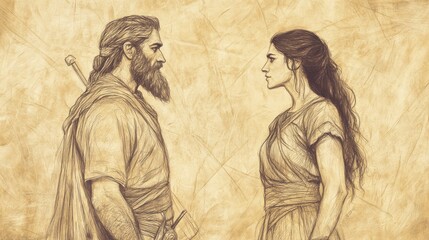 Biblical Illustration of Judges: Deborah and Barak, Barak Standing Before Deborah, Expressing Willingness to Go to Battle if She Accompanies Him, Bible Wall Art on Beige Background