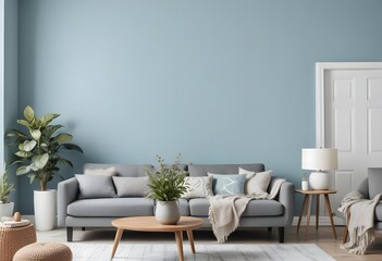 Modern Scandinavian home interior design with an elegant living room showcasing a comfortable gray fabric sofa, a mid-century walnut coffee table, a soft white fluffy carpet, wa